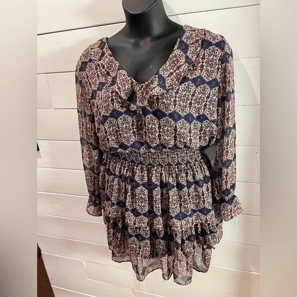 💙 DEX – Navy, Cream & Burgundy Print Dress – Size 2X - Picture 4 of 11